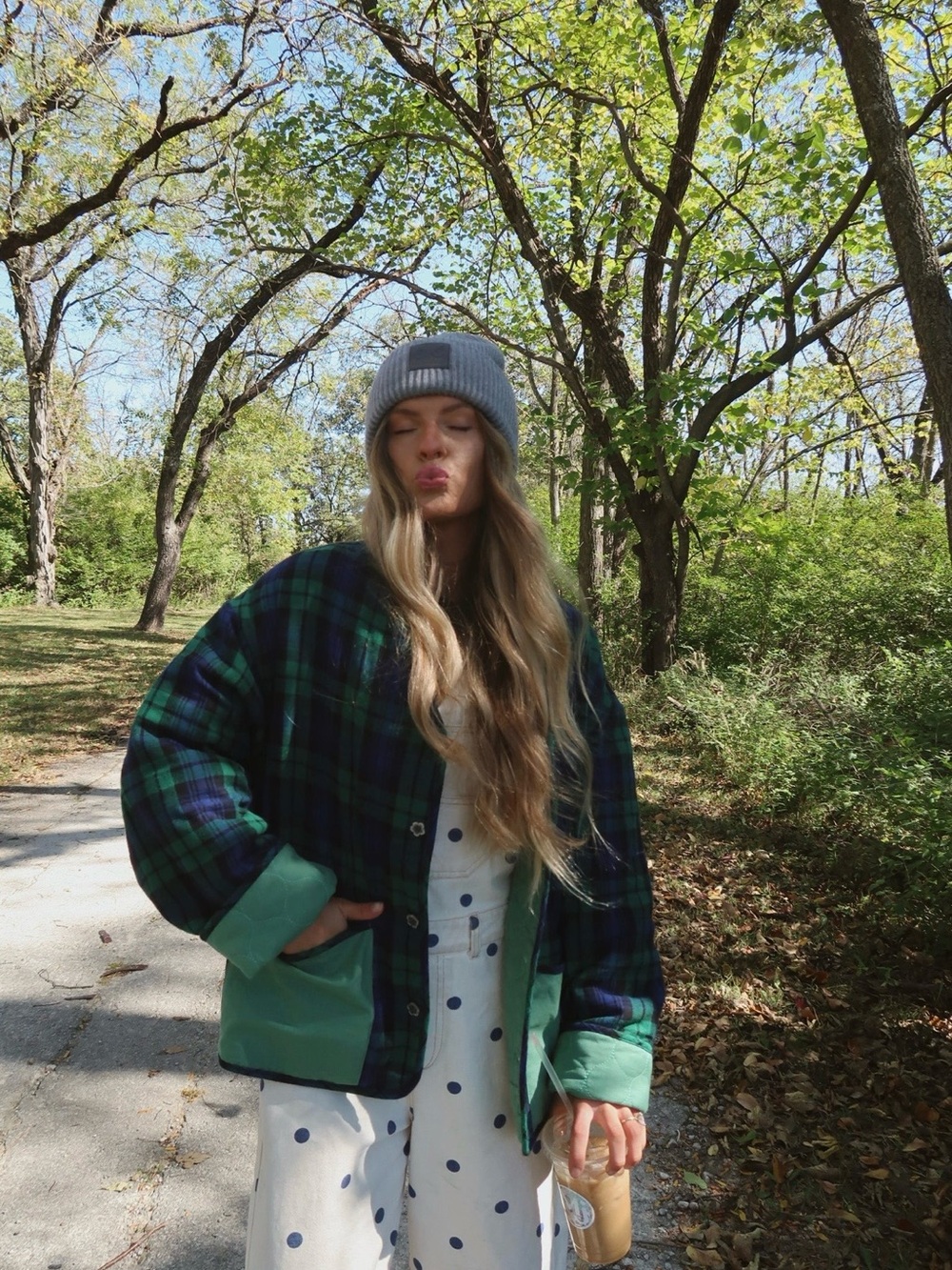 Plaid Puff Jacket with Green Trim - Women's Jacket